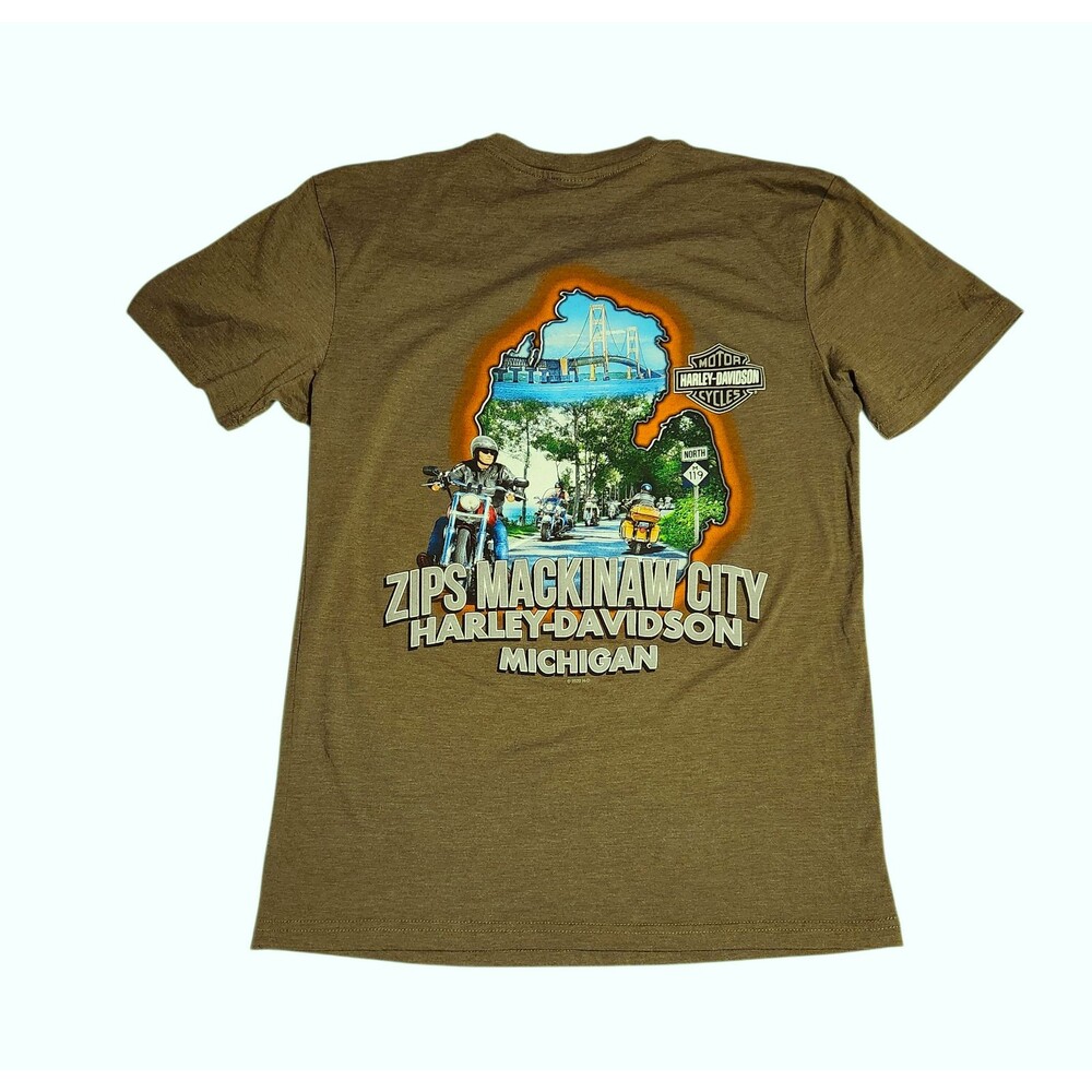 Harley Davidson Short Sleeve Tshirt Green w/ Zips Mackinaw City Graphic Size M
